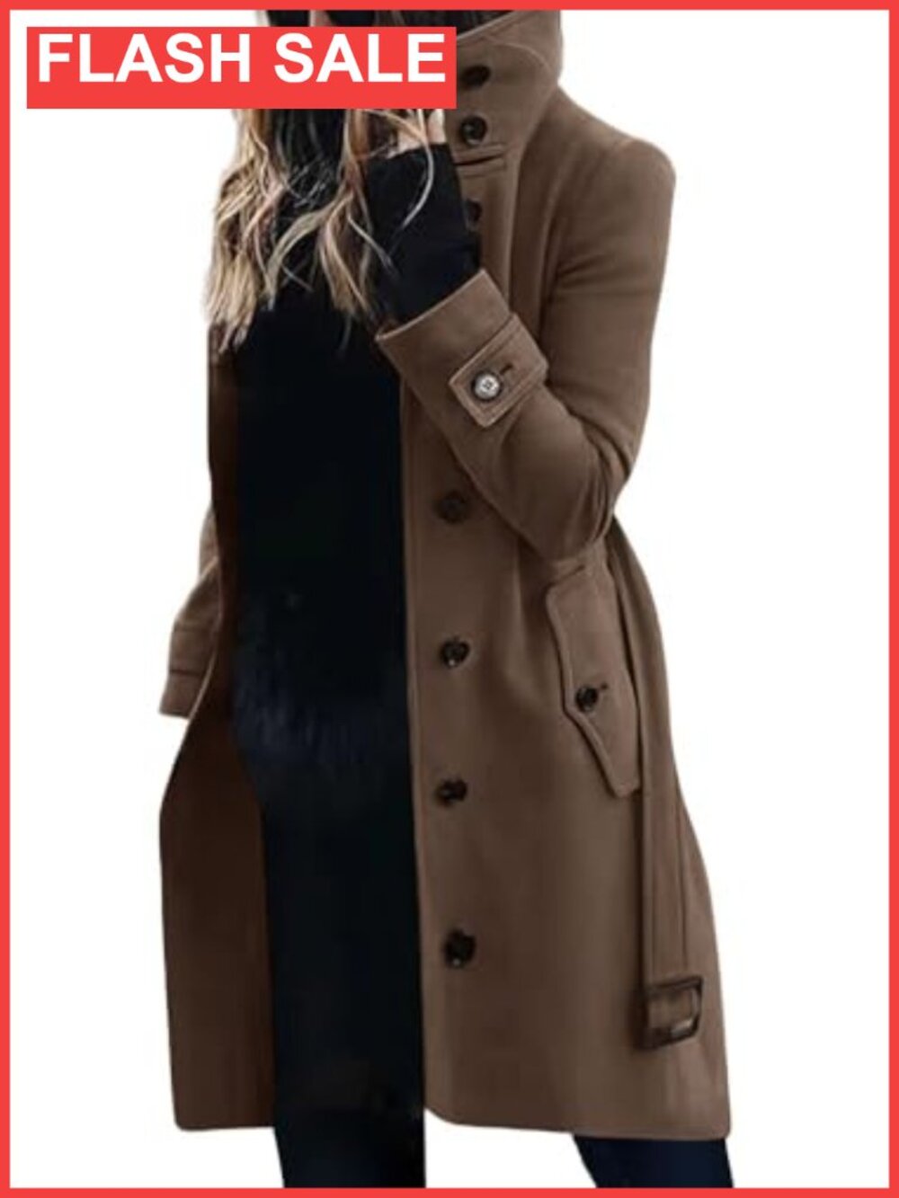Wool Blend Midi Pea Coat Single Breasted Stand Collar Overcoat